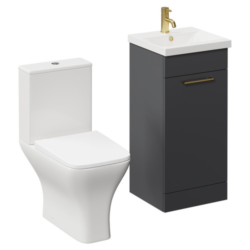 Napoli Gloss Grey 400mm Vanity Unit and Toilet Suite including Kingston Rimless Close Coupled Toilet and Floor Standing Vanity Unit with Single Door and Brushed Brass Handle Left Hand View