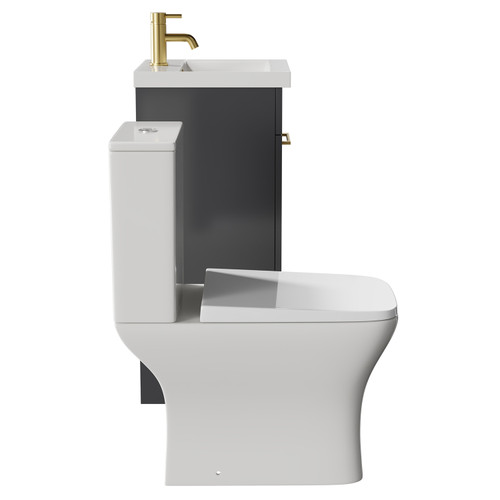 Napoli Gloss Grey 400mm Vanity Unit and Toilet Suite including Kingston Rimless Close Coupled Toilet and Floor Standing Vanity Unit with Single Door and Brushed Brass Handle View from Side