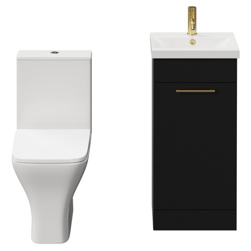 Napoli Nero Oak 400mm Vanity Unit and Toilet Suite including Kingston Rimless Close Coupled Toilet and Floor Standing Vanity Unit with Single Door and Brushed Brass Handle View from Front