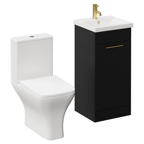 Napoli Nero Oak 400mm Vanity Unit and Toilet Suite including Kingston Rimless Close Coupled Toilet and Floor Standing Vanity Unit with Single Door and Brushed Brass Handle Left Hand View