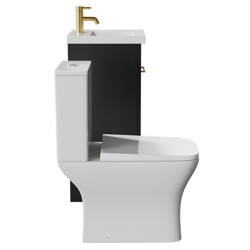 Napoli Nero Oak 400mm Vanity Unit and Toilet Suite including Kingston Rimless Close Coupled Toilet and Floor Standing Vanity Unit with Single Door and Brushed Brass Handle View from Side