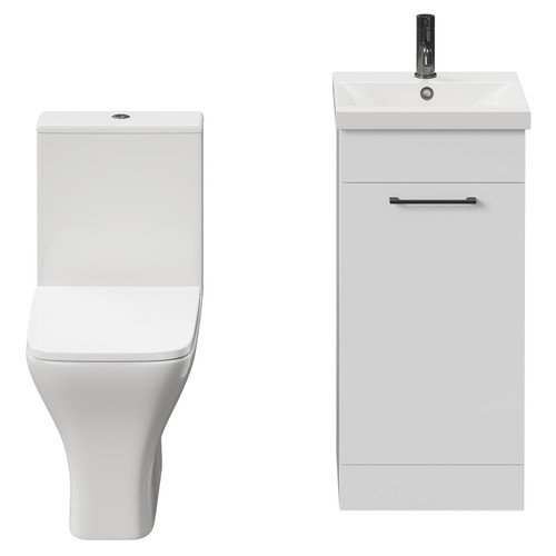 Napoli Gloss White 400mm Vanity Unit and Toilet Suite including Kingston Rimless Close Coupled Toilet and Floor Standing Vanity Unit with Single Door and Gunmetal Grey Handle View from Front