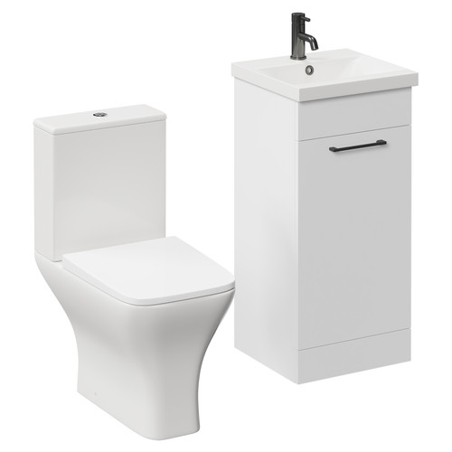 Napoli Gloss White 400mm Vanity Unit and Toilet Suite including Kingston Rimless Close Coupled Toilet and Floor Standing Vanity Unit with Single Door and Gunmetal Grey Handle Left Hand View