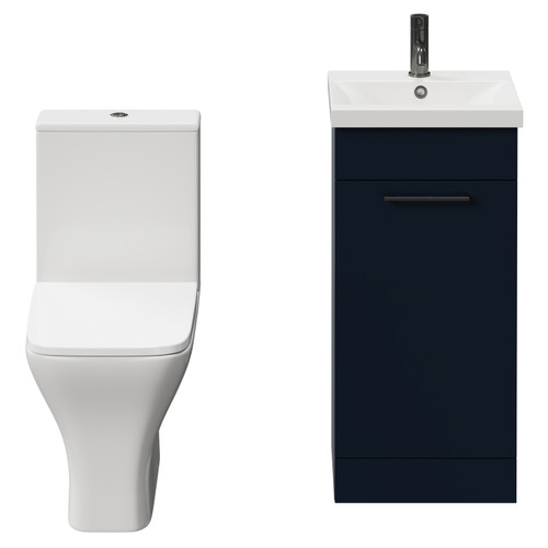 Napoli Deep Blue 400mm Vanity Unit and Toilet Suite including Kingston Rimless Close Coupled Toilet and Floor Standing Vanity Unit with Single Door and Gunmetal Grey Handle View from Front