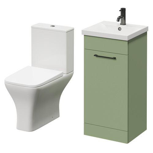 Napoli Olive Green 400mm Vanity Unit and Toilet Suite including Kingston Rimless Close Coupled Toilet and Floor Standing Vanity Unit with Single Door and Gunmetal Grey Handle Right Hand View
