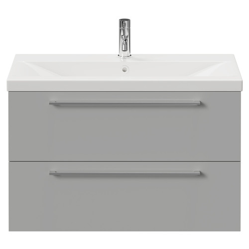 Napoli 390 Gloss Grey Pearl 800mm Wall Mounted Vanity Unit with 1 Tap Hole Basin and 2 Drawers with Polished Chrome Handles View from Front
