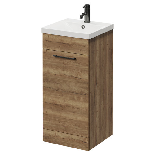 Napoli Tobacco Oak 400mm Floor Standing Vanity Unit with 1 Tap Hole Glide Basin and Single Door with Gunmetal Grey Handle Right Hand View