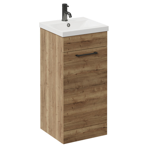 Napoli Tobacco Oak 400mm Floor Standing Vanity Unit with 1 Tap Hole Glide Basin and Single Door with Gunmetal Grey Handle Left Hand View