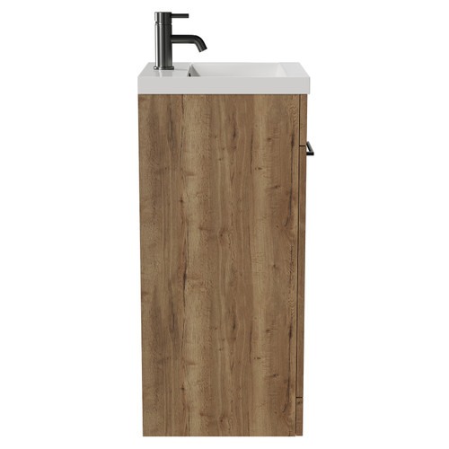 Napoli Tobacco Oak 400mm Floor Standing Vanity Unit with 1 Tap Hole Glide Basin and Single Door with Gunmetal Grey Handle View from Side