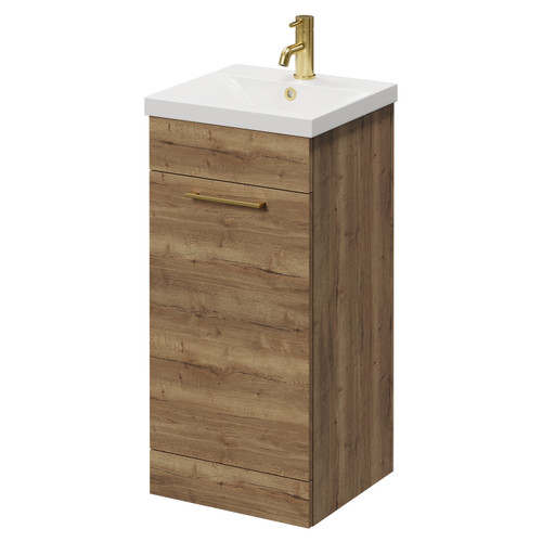 Napoli Tobacco Oak 400mm Floor Standing Vanity Unit with 1 Tap Hole Glide Basin and Single Door with Brushed Brass Handle Right Hand View
