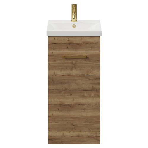 Napoli Tobacco Oak 400mm Floor Standing Vanity Unit with 1 Tap Hole Glide Basin and Single Door with Brushed Brass Handle View from Front