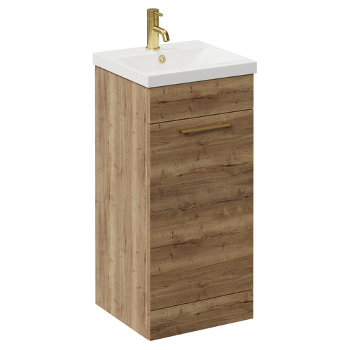 Napoli Tobacco Oak 400mm Floor Standing Vanity Unit with 1 Tap Hole Glide Basin and Single Door with Brushed Brass Handle Left Hand View