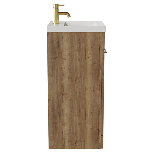 Napoli Tobacco Oak 400mm Floor Standing Vanity Unit with 1 Tap Hole Glide Basin and Single Door with Brushed Brass Handle View from Side