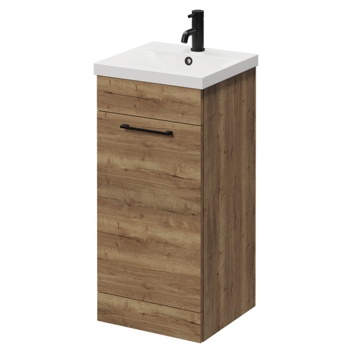 Napoli Tobacco Oak 400mm Floor Standing Vanity Unit with 1 Tap Hole Glide Basin and Single Door with Matt Black Handle Right Hand View