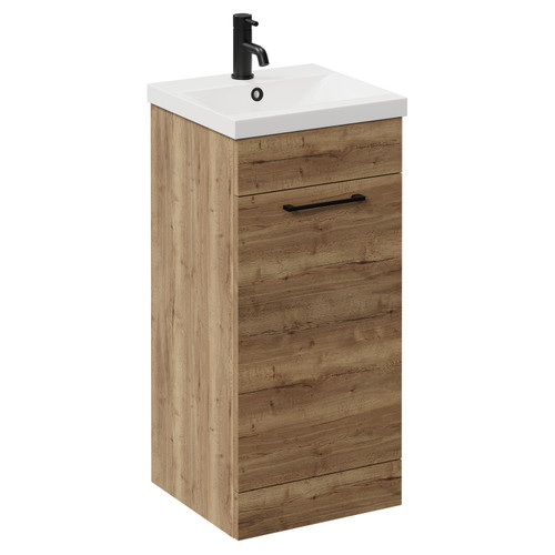 Napoli Tobacco Oak 400mm Floor Standing Vanity Unit with 1 Tap Hole Glide Basin and Single Door with Matt Black Handle Left Hand View