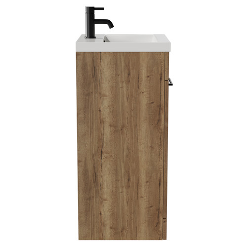 Napoli Tobacco Oak 400mm Floor Standing Vanity Unit with 1 Tap Hole Glide Basin and Single Door with Matt Black Handle View from Side
