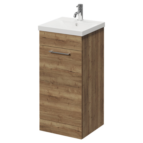 Napoli Tobacco Oak 400mm Floor Standing Vanity Unit with 1 Tap Hole Glide Basin and Single Door with Chrome Handle Right Hand View