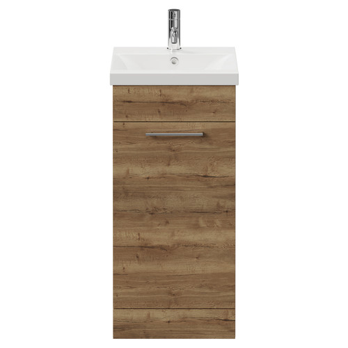 Napoli Tobacco Oak 400mm Floor Standing Vanity Unit with 1 Tap Hole Glide Basin and Single Door with Chrome Handle View from Front