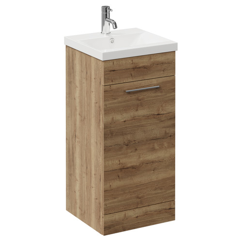 Napoli Tobacco Oak 400mm Floor Standing Vanity Unit with 1 Tap Hole Glide Basin and Single Door with Chrome Handle Left Hand View