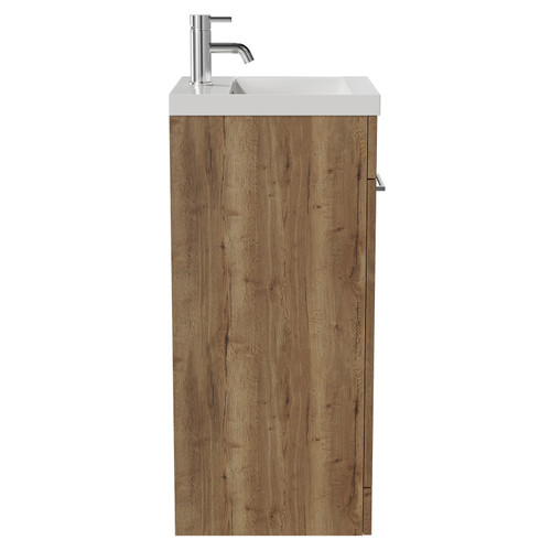Napoli Tobacco Oak 400mm Floor Standing Vanity Unit with 1 Tap Hole Glide Basin and Single Door with Chrome Handle View from Side