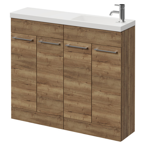 Napoli Combination Tobacco Oak 1000mm Floor Standing Vanity Unit with Slimline 1 Tap Hole Round Basin and 4 Doors with Chrome Handles Right Hand View