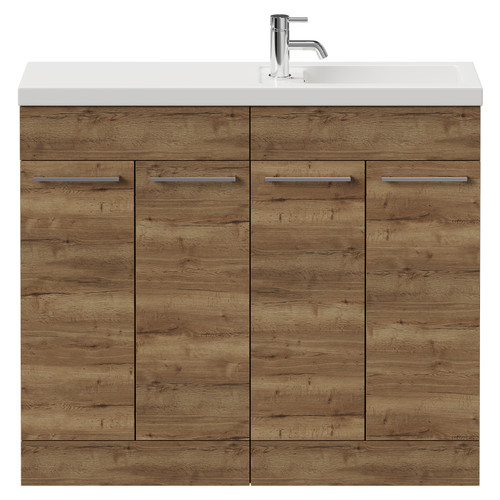 Napoli Combination Tobacco Oak 1000mm Floor Standing Vanity Unit with Slimline 1 Tap Hole Basin and 4 Doors with Chrome Handles View from Front