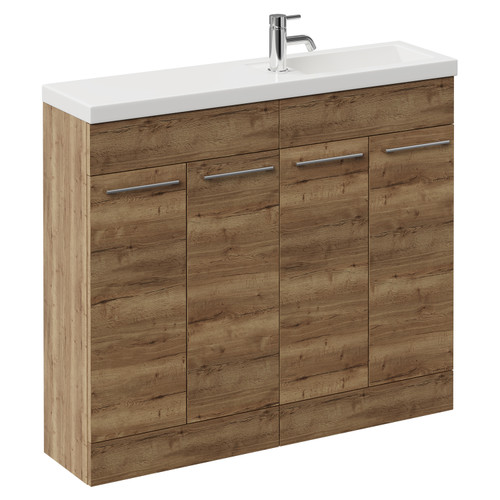 Napoli Combination Tobacco Oak 1000mm Floor Standing Vanity Unit with Slimline 1 Tap Hole Basin and 4 Doors with Chrome Handles Left Hand View