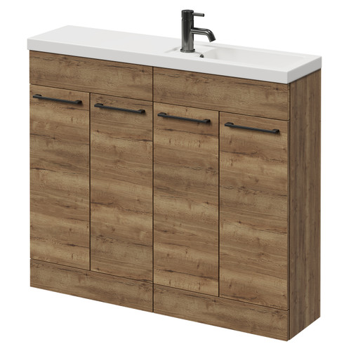 Napoli Combination Tobacco Oak 1000mm Floor Standing Vanity Unit with Slimline 1 Tap Hole Basin and 4 Doors with Gunmetal Grey Handles Right Hand View