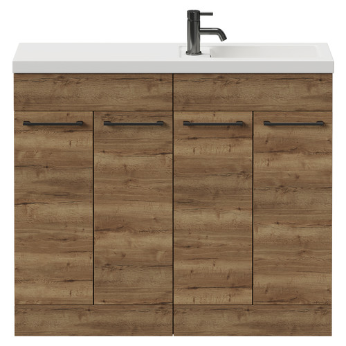 Napoli Combination Tobacco Oak 1000mm Floor Standing Vanity Unit with Slimline 1 Tap Hole Basin and 4 Doors with Gunmetal Grey Handles View from Front