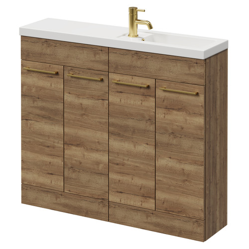 Napoli Combination Tobacco Oak 1000mm Floor Standing Vanity Unit with Slimline 1 Tap Hole Basin and 4 Doors with Brushed Brass Handles Right Hand View