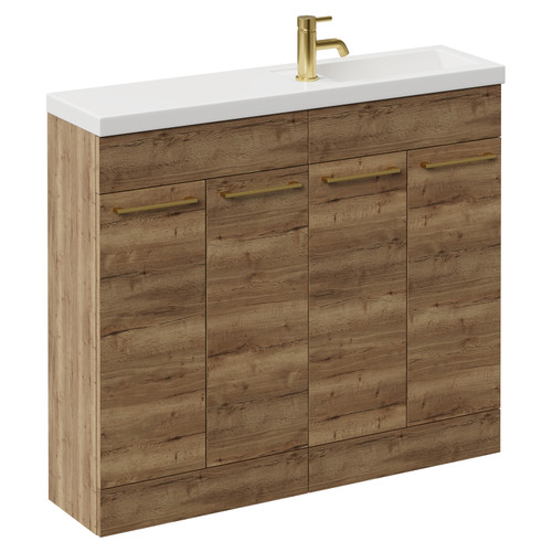 Napoli Combination Tobacco Oak 1000mm Floor Standing Vanity Unit with Slimline 1 Tap Hole Basin and 4 Doors with Brushed Brass Handles Left Hand View