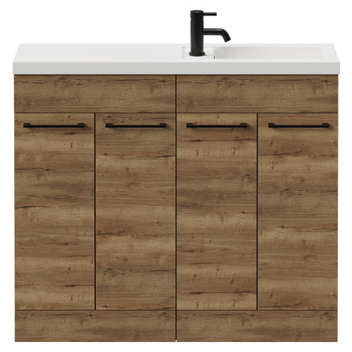 Napoli Combination Tobacco Oak 1000mm Floor Standing Vanity Unit with Slimline 1 Tap Hole Basin and 4 Doors with Matt Black Handles View from Front