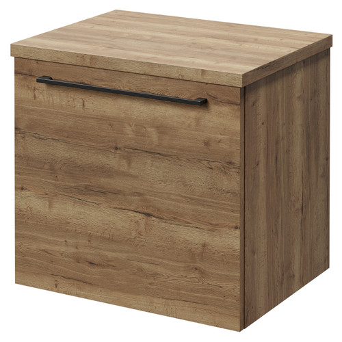 Napoli Tobacco Oak 500mm Wall Mounted Vanity Unit for Countertop Basins with Single Drawer and Gunmetal Grey Handle Right Hand View