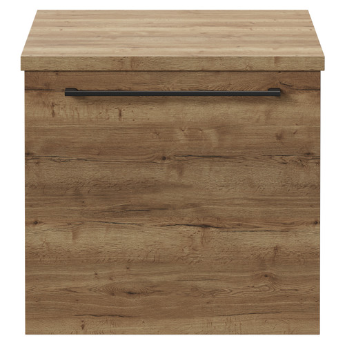 Napoli Tobacco Oak 500mm Wall Mounted Vanity Unit for Countertop Basins with Single Drawer and Gunmetal Grey Handle View from Front