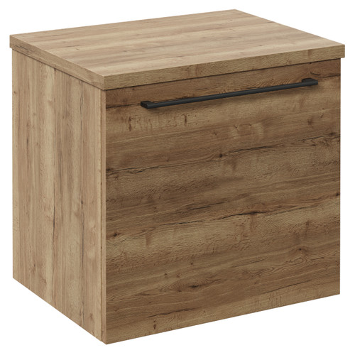 Napoli Tobacco Oak 500mm Wall Mounted Vanity Unit for Countertop Basins with Single Drawer and Gunmetal Grey Handle Left Hand View