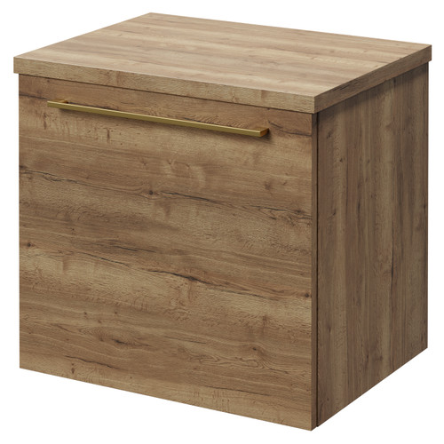 Napoli Tobacco Oak 500mm Wall Mounted Vanity Unit for Countertop Basins with Single Drawer and Brushed Brass Handle Right Hand View
