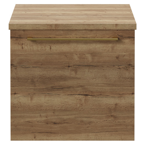 Napoli Tobacco Oak 500mm Wall Mounted Vanity Unit for Countertop Basins with Single Drawer and Brushed Brass Handle View from Front