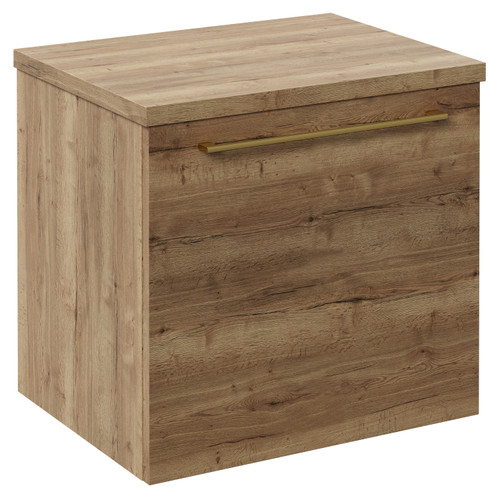 Napoli Tobacco Oak 500mm Wall Mounted Vanity Unit for Countertop Basins with Single Drawer and Brushed Brass Handle Left Hand View