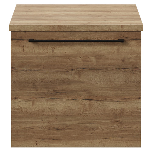 Napoli Tobacco Oak 500mm Wall Mounted Vanity Unit for Countertop Basins with Single Drawer and Matt Black Handle View from Front