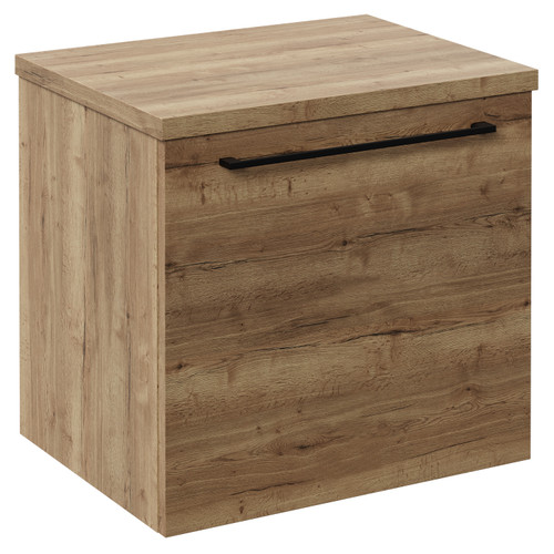 Napoli Tobacco Oak 500mm Wall Mounted Vanity Unit for Countertop Basins with Single Drawer and Matt Black Handle Left Hand View