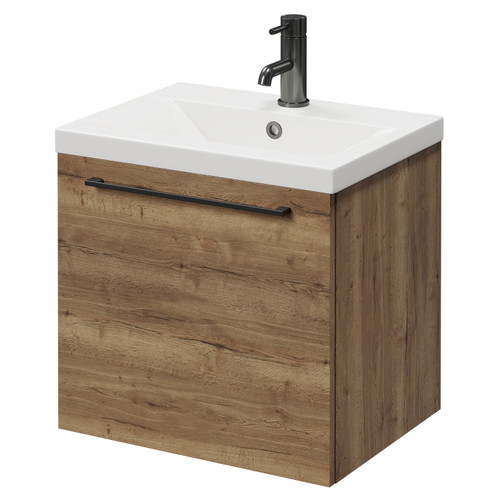 Napoli Tobacco Oak 500mm Wall Mounted Vanity Unit with 1 Tap Hole Basin and Single Drawer with Gunmetal Grey Handle Right Hand View
