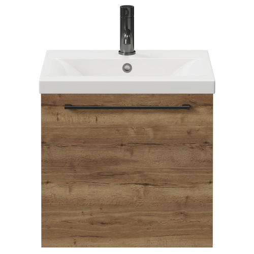 Napoli Tobacco Oak 500mm Wall Mounted Vanity Unit with 1 Tap Hole Basin and Single Drawer with Gunmetal Grey Handle View from Front
