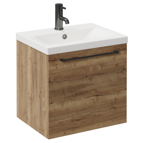 Napoli Tobacco Oak 500mm Wall Mounted Vanity Unit with 1 Tap Hole Basin and Single Drawer with Gunmetal Grey Handle Left Hand View