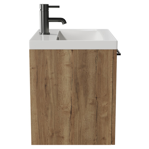 Napoli Tobacco Oak 500mm Wall Mounted Vanity Unit with 1 Tap Hole Basin and Single Drawer with Gunmetal Grey Handle View from Side