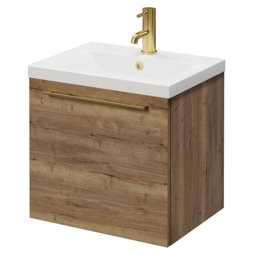 Napoli Tobacco Oak 500mm Wall Mounted Vanity Unit with 1 Tap Hole Basin and Single Drawer with Brushed Brass Handle Right Hand View