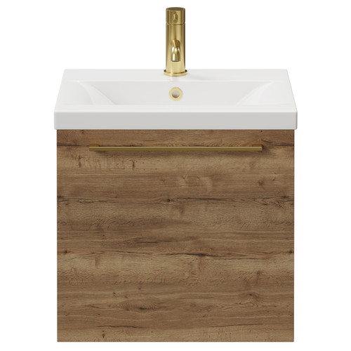 Napoli Tobacco Oak 500mm Wall Mounted Vanity Unit with 1 Tap Hole Basin and Single Drawer with Brushed Brass Handle View from Front