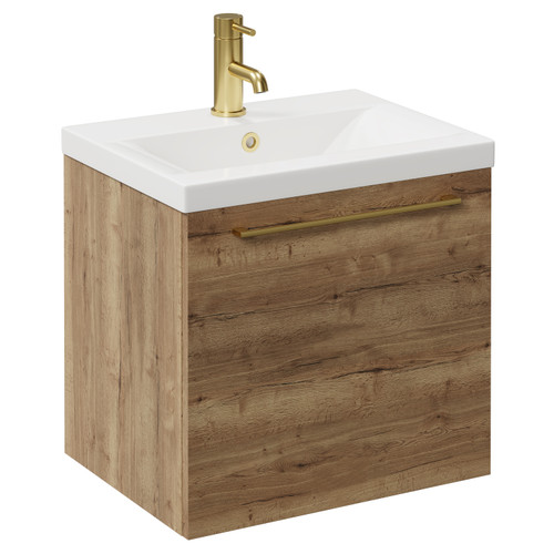 Napoli Tobacco Oak 500mm Wall Mounted Vanity Unit with 1 Tap Hole Basin and Single Drawer with Brushed Brass Handle Left Hand View
