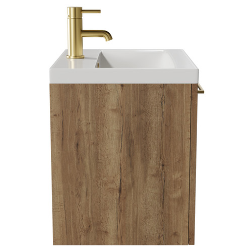 Napoli Tobacco Oak 500mm Wall Mounted Vanity Unit with 1 Tap Hole Basin and Single Drawer with Brushed Brass Handle View from Side