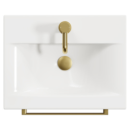 Napoli Tobacco Oak 500mm Wall Mounted Vanity Unit with 1 Tap Hole Basin and Single Drawer with Brushed Brass Handle View from Top