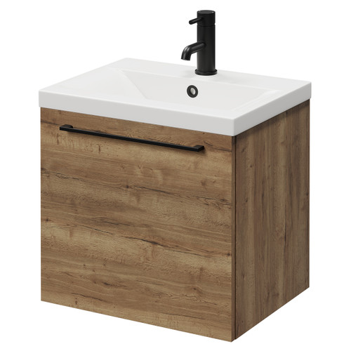 Napoli Tobacco Oak 500mm Wall Mounted Vanity Unit with 1 Tap Hole Basin and Single Drawer with Matt Black Handle Right Hand View